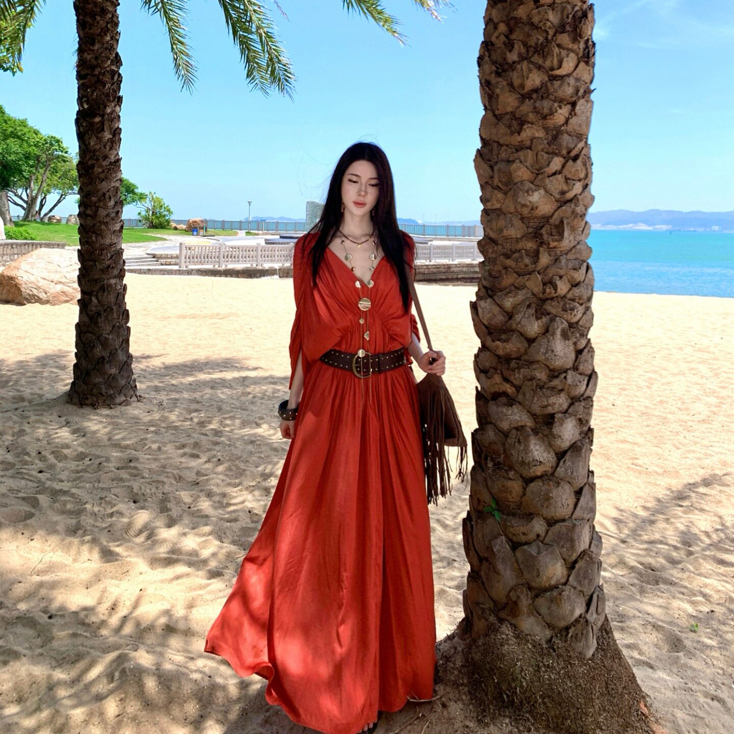 女装2026十三行新款褶皱蝙蝠袖晚礼服海边度假风沙滩连衣裙+腰带