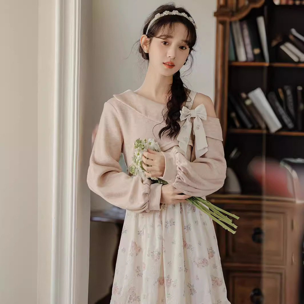 女装2026春夏秋蔷薇碎花吊带裙长款连衣裙漏肩上衣两件套优雅风