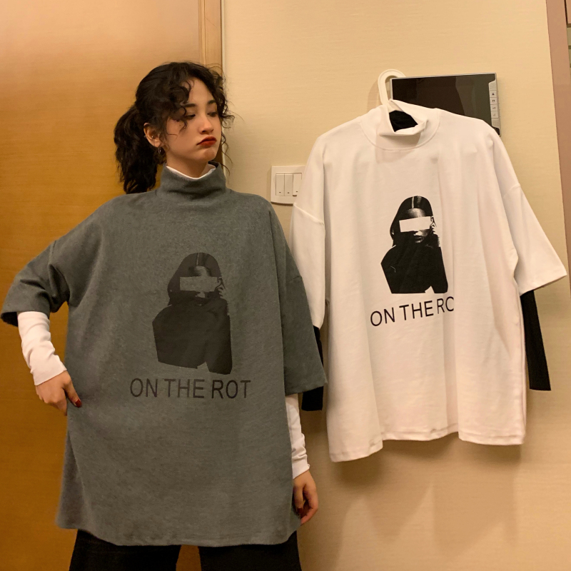 實拍實價~字母印花半高領磨毛短袖T恤女內搭上衣打底衫兩件套