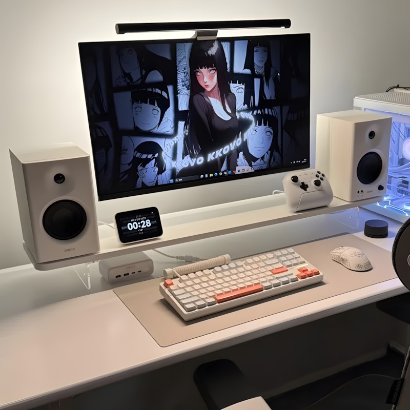 电竞房布置显示器增高架白色电脑桌面置物架摆件展示架实木压克力