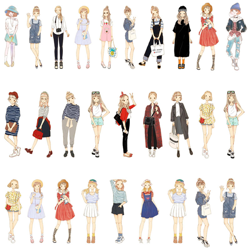 优惠创意手绘女孩手帐贴纸素材a5不干胶贴画水彩女生手账装饰贴纸