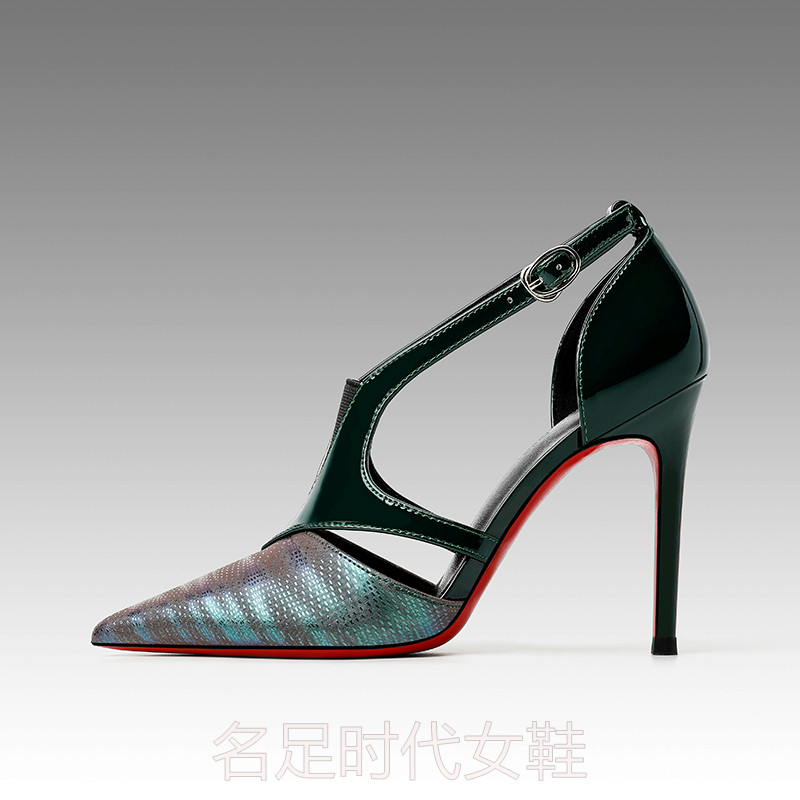 MZ CENTURY夏秋季凉鞋中空绑带扣带橡筋鞋牛漆皮细跟高跟小码女鞋