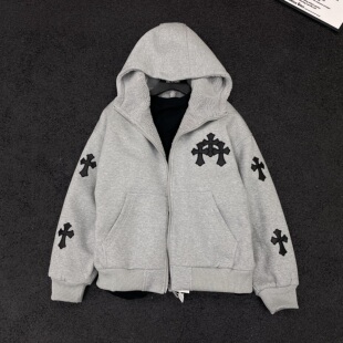 MXS2025冬季新十字贴皮刺绣加厚羊羔毛连帽开衫卫衣外套美式潮牌