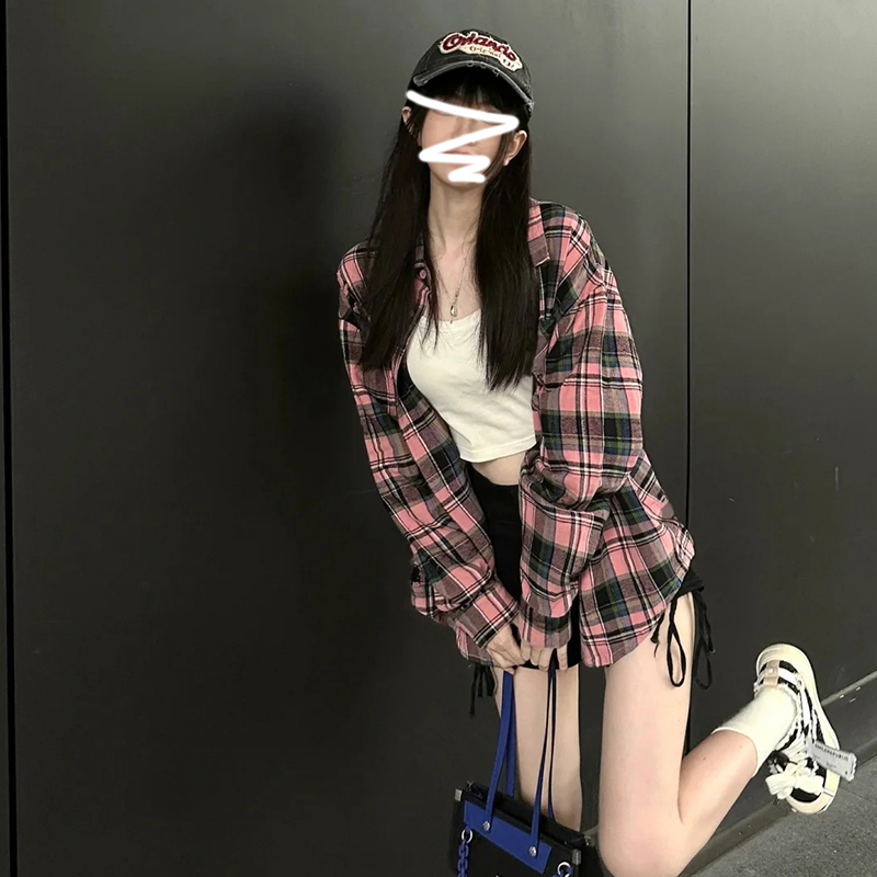 慵懒风早秋宽松oversize长袖格子