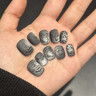 f153磨砂KT纯手工穿戴甲黑色猫眼立体点缀猫猫黄黑皮显白新款高级