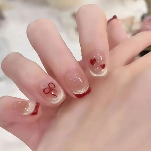法式猫眼新款显白红色美甲穿戴甲短款高级新年战甲安哥拉红蝴蝶结