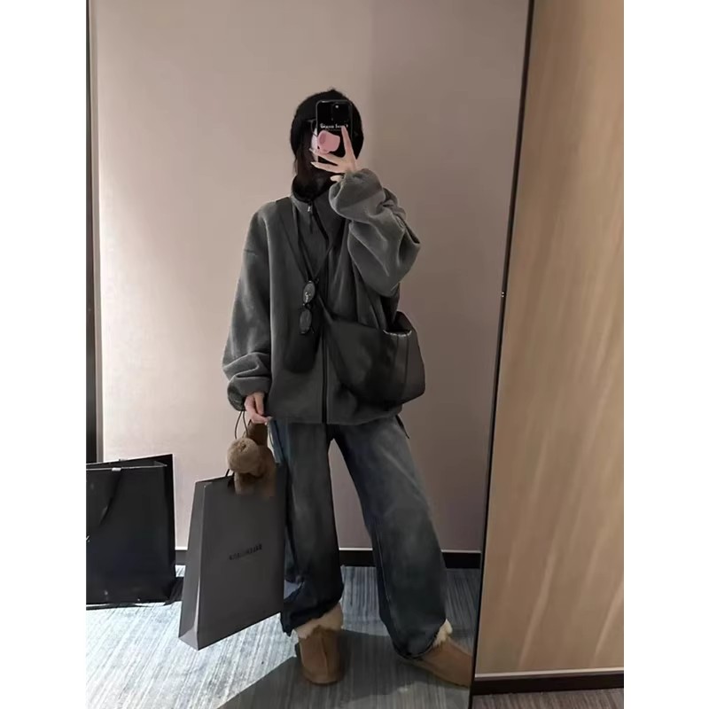 大码美式摇粒绒立领卫衣外套女