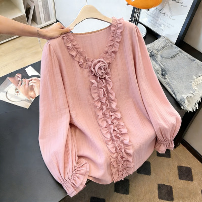 特大码胖mm300斤春季装时尚百搭荷叶边长袖宽松慵懒风衬衫女上衣