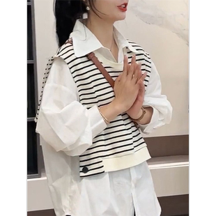 特大码胖mm300斤设计感宽松慵懒风长袖衬衫女条纹披肩假两件上衣