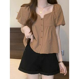 特大码300斤法式洋气正肩方领单排扣短袖衬衫女夏季宽松百搭上衣
