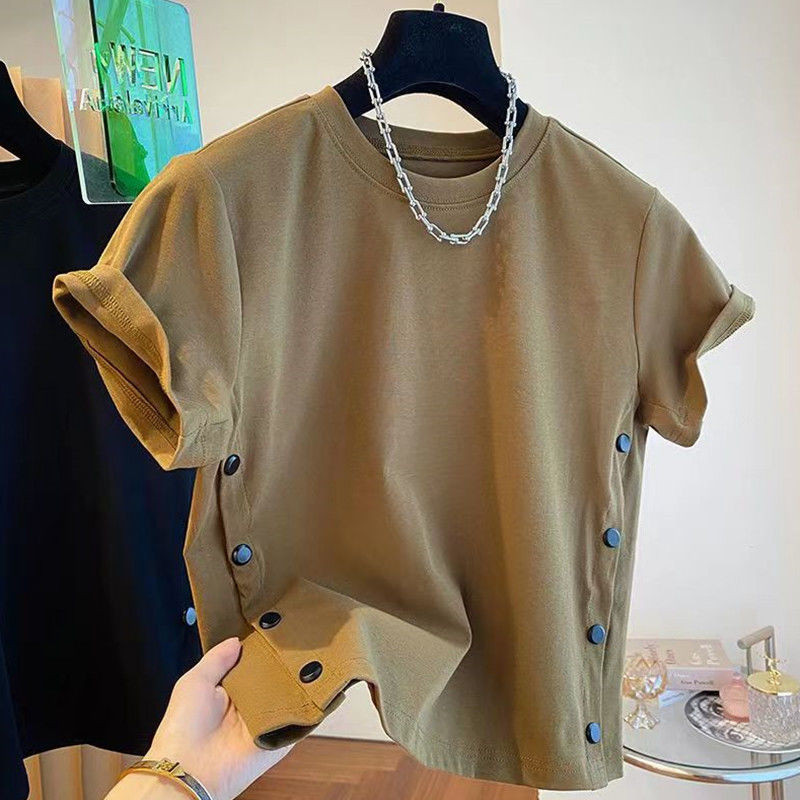 特大码胖mm300斤短袖t恤女纯棉夏装新款简约纽扣纯色百搭宽松上衣