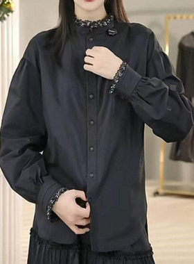 阿玛施专柜同款2026春新款时尚宽松复古小立领花边长袖衬衫530115