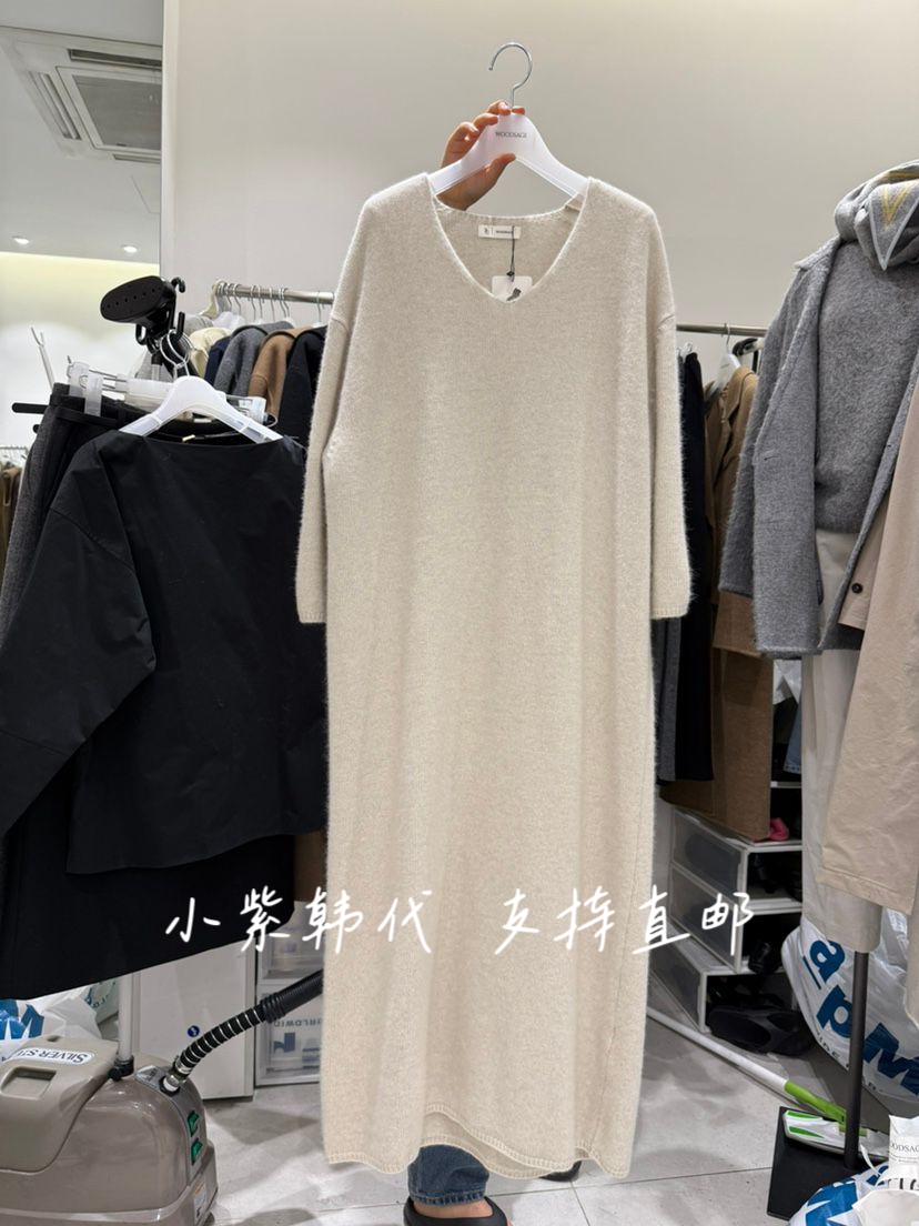 韩国东大门代购V领长袖连衣裙