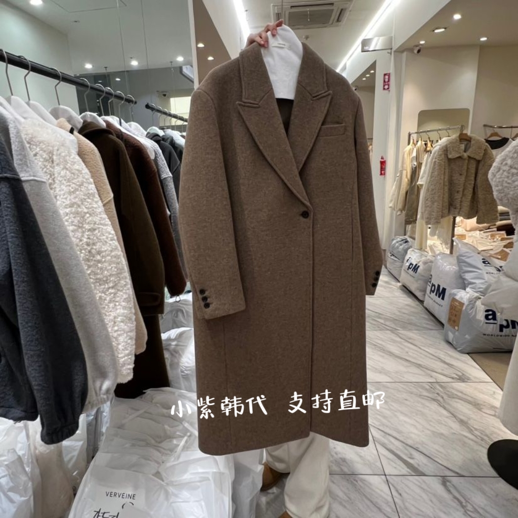韩国东大门代购 VERVEINE 25冬女装新款系扣翻领长款毛呢外套
