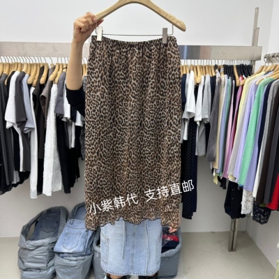 韩国东大门代购SPECIA-L 26夏女装新款豹纹松紧腰后开叉半身裙女