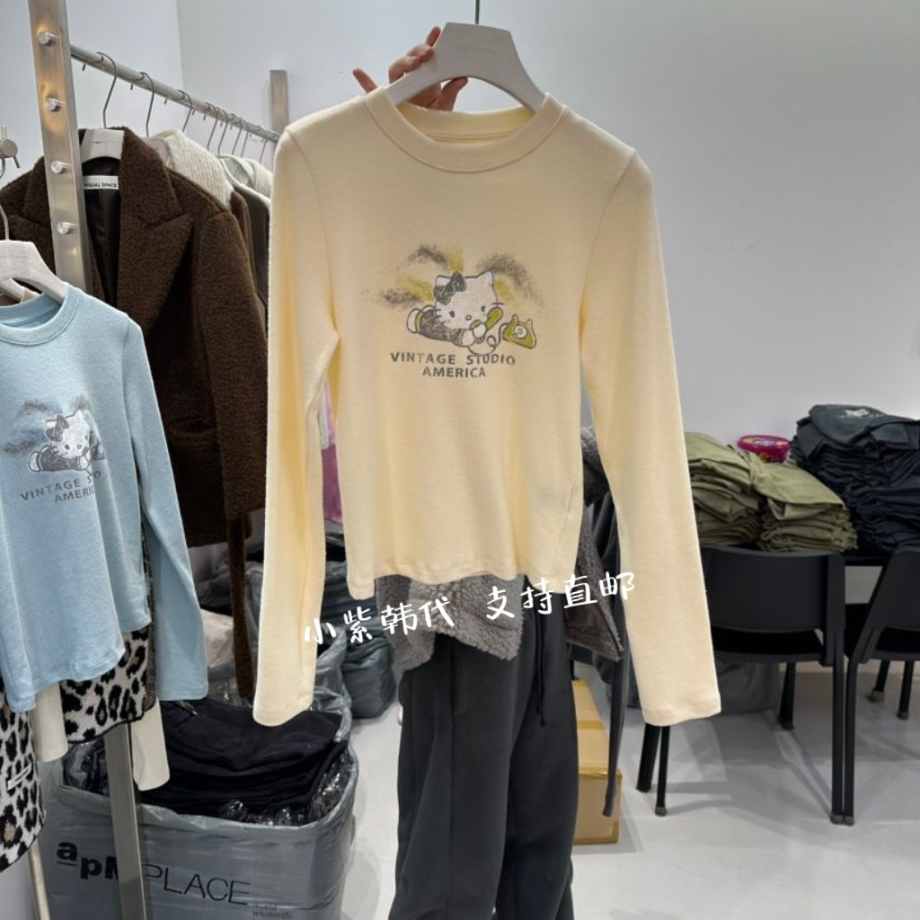 韩国东大门代购VISUAL SPACE 25秋冬新款时尚卡通印花磨毛T恤女