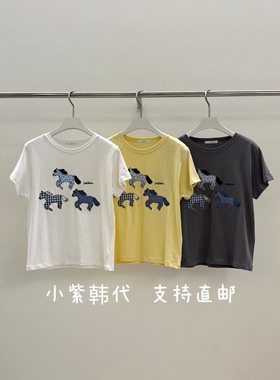 PEBBL-E韩国东大门代购26春夏女装新款圆领格子小马印花短袖T恤女