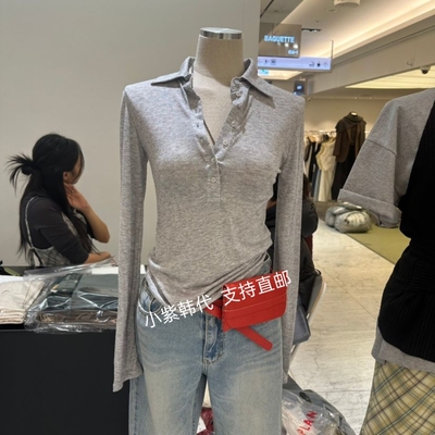 韩国东大门代购BAGUETTE-P 26春女装新款系扣翻领修身长袖T恤女