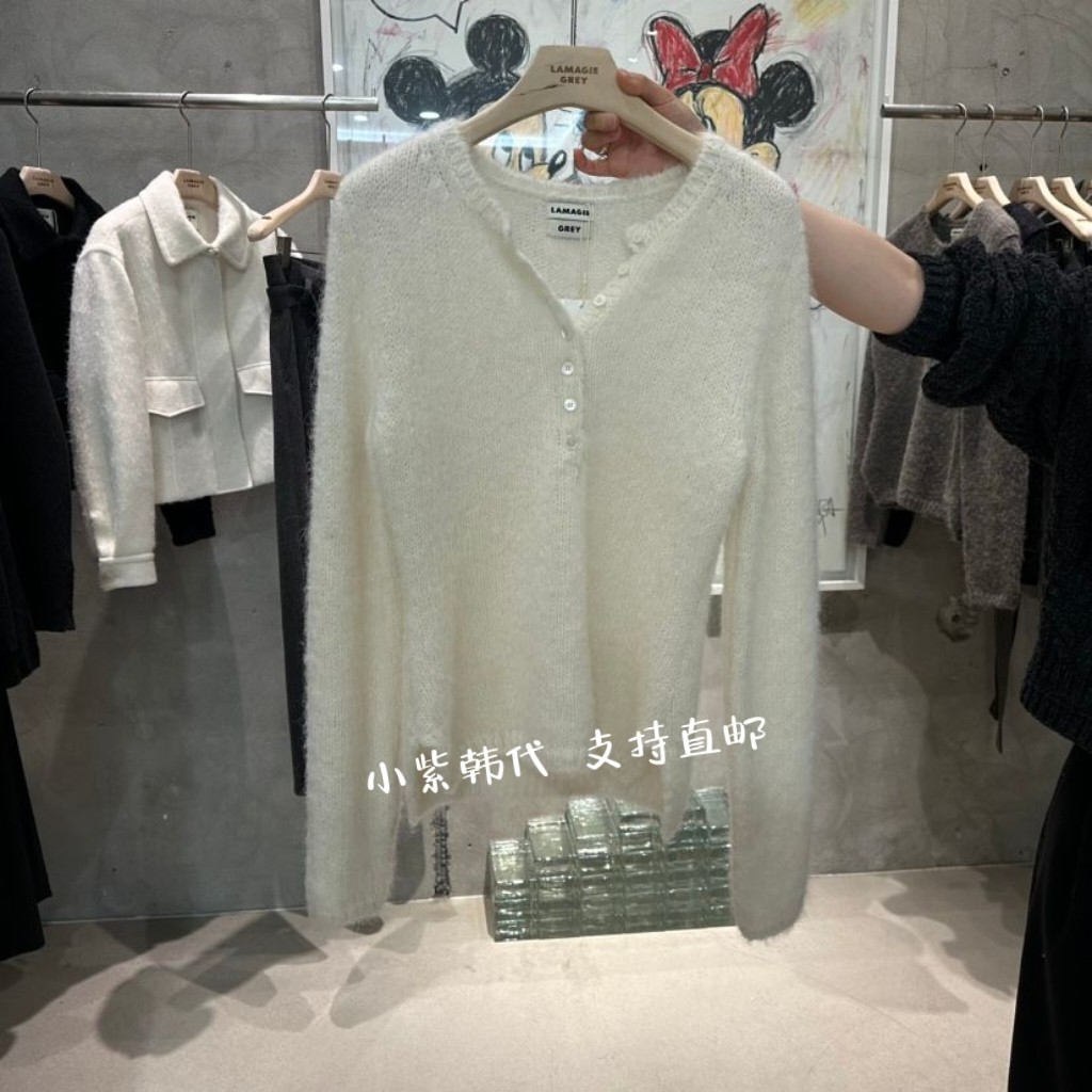韩国东大门代购 LAMAGIEPIE 25秋冬新款圆领半系扣宽松针织毛衣女
