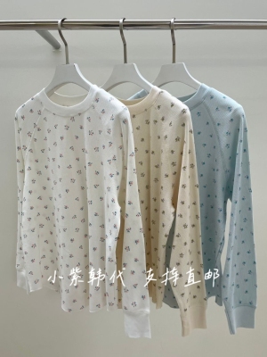 PEBBLE韩国东大门代购2026春季新款女装圆领印花百搭长袖T恤