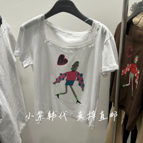 TARABY MOTIO-N韩国东大门代购26春夏女装新款纯色蕾丝边短袖T恤