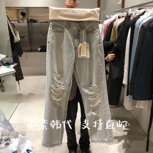 TEMPTING韩国东大门代购 2026春女装新款系扣破洞直筒牛仔裤女