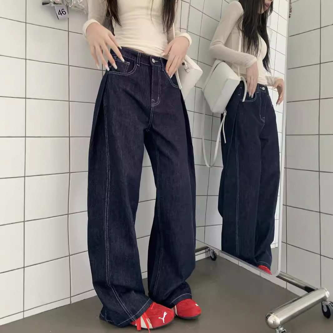 实拍2025秋季新款宽松休闲牛仔裤女个性美式高街直筒阔腿裤长裤潮
