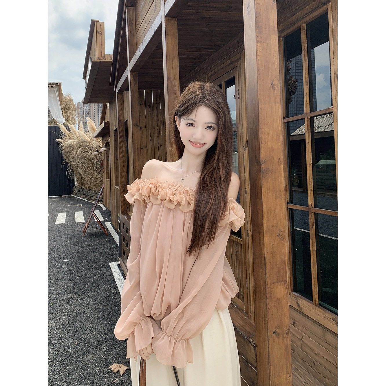 实拍~温柔甜美法式斜肩雪纺衫衬衫秋季新款宽松休闲上衣女装87850