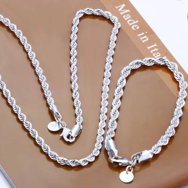 high quality 925 silver 4MM women men chain male twisted rop