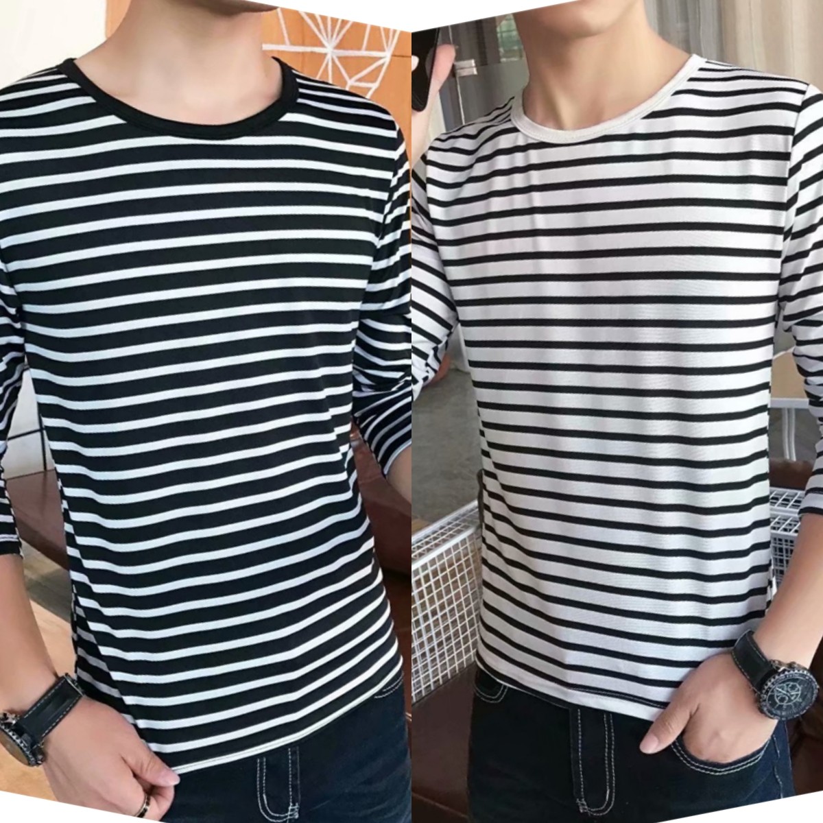 男士长袖t恤春秋青年学生修身薄款上衣服百搭潮流黑白条纹打底衫,男装,T恤,淘宝优惠券,粉丝福利购,淘宝优惠卷