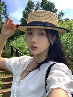 mdeke海蒂  24ss新款进口拉菲草小蝴蝶结平顶平檐草帽女法式度假