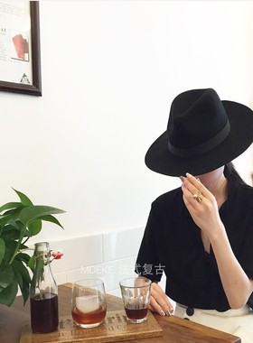 ［印象］黑色爵士顶羊毛毡帽欧洲小众款ins时尚博主网红同款帽子