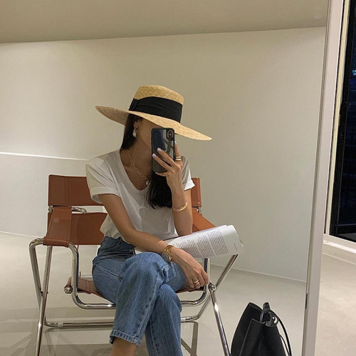 草帽度假法式女春夏平檐大檐帽子