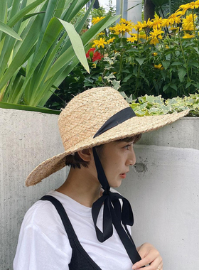 ［梦露］夏季欧洲小众圆顶大檐系绳拉菲草帽度假法式休闲帽子女