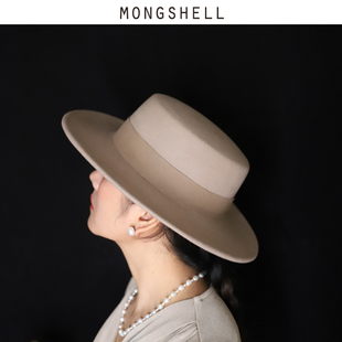 mongshell左岸 秋冬新款平顶宽檐羊毛毡礼帽法式百搭复古帽子女
