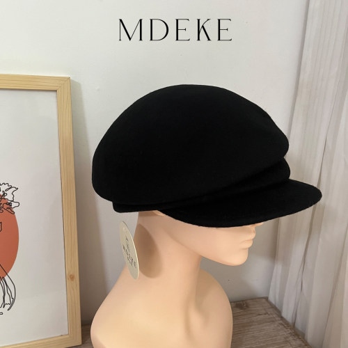 MDEKE 26年秋feve同款帽子复古毛呢报童帽黑色平顶鸭舌帽简约百搭