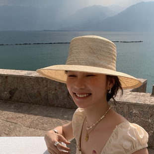 小冯同款25年春夏新款进口F麻光板平顶下榻檐南法复古度假草帽女