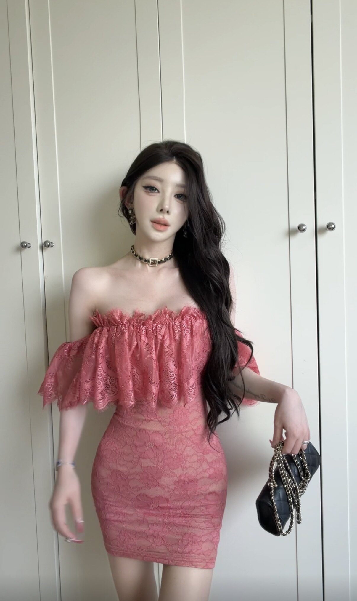 娇艳顶美/纯欲风名媛千金感蕾丝荷叶边无袖连衣裙