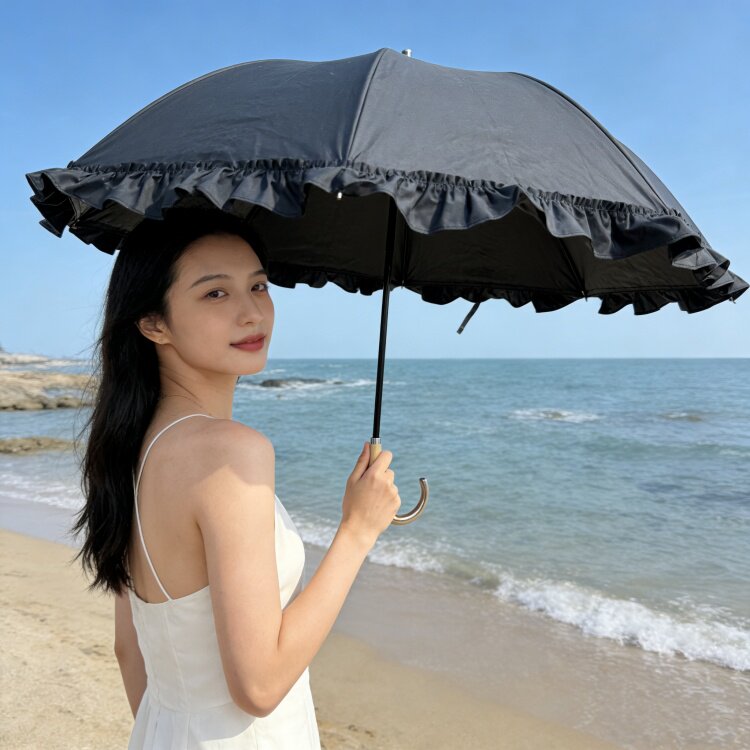 日本高端太阳伞99.99%遮蔽率实木弯钩手柄二段花边伞防嗮遮阳伞女