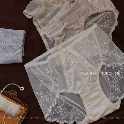 touchme法式柔纱蕾丝性感水光缎面内裤女透气蚕丝抑菌裆中高腰3条