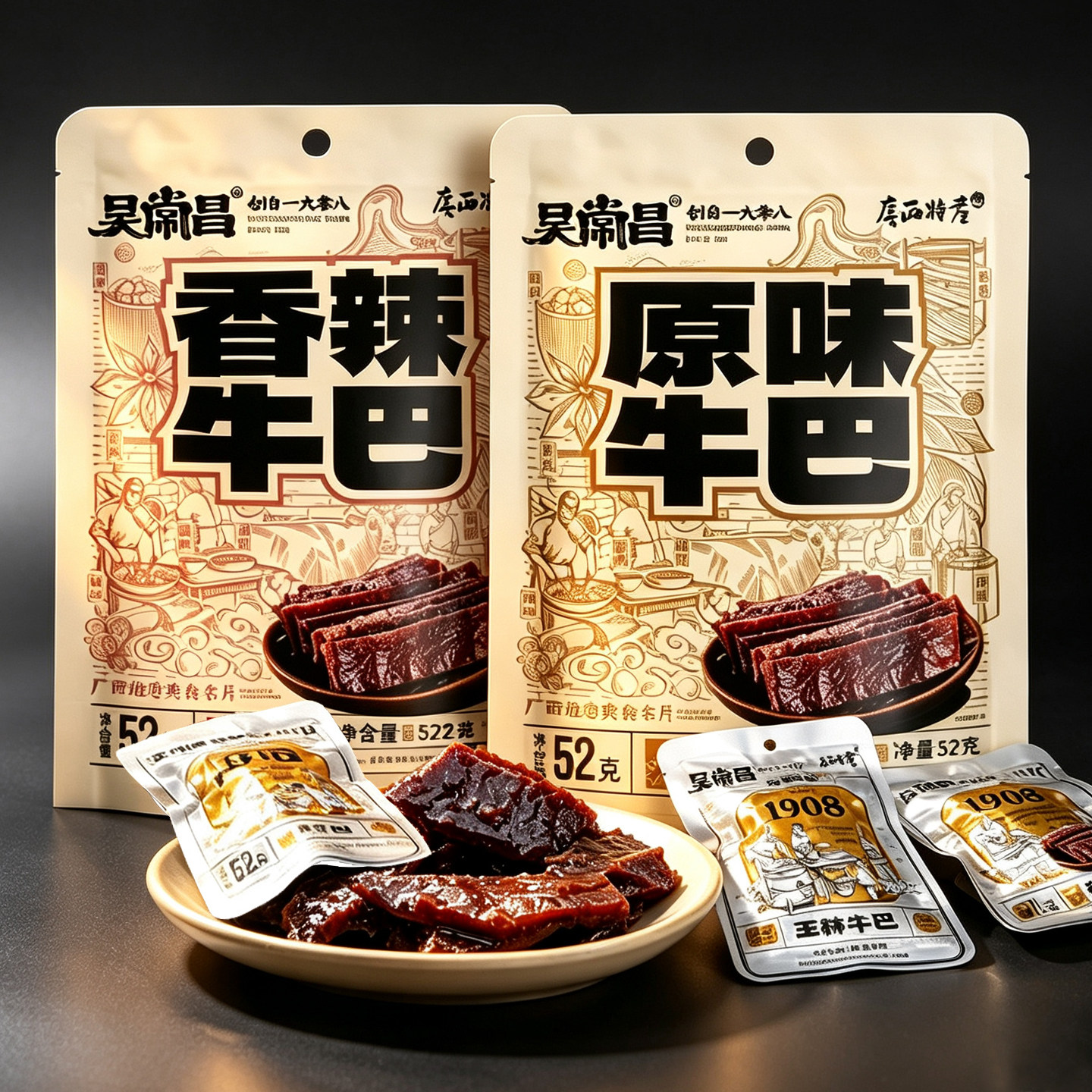 广西玉林吴常昌牛巴52克/袋原味香辣牛肉干开袋即食零食特产