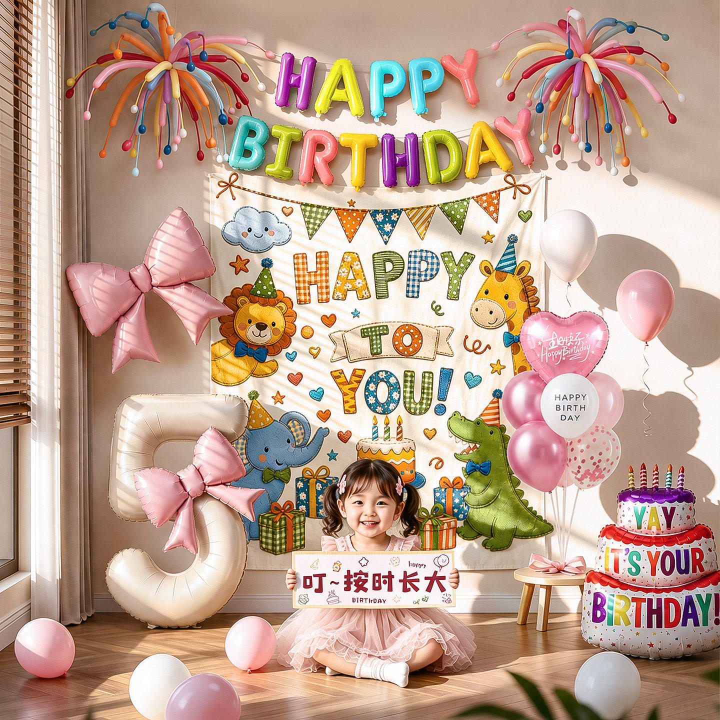5岁女孩生日快乐仪式氛围感卡通背景墙气球儿童派对场景布置装饰