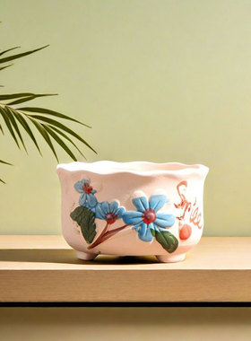 百花蓝色多肉花盆陶瓷家用小绿植粗陶陶盆控根陶土盆清仓特价花盘