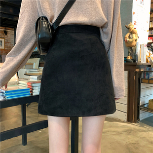 麂皮绒高腰半身裙女秋冬新款百搭显瘦包臀a字裙一步裙子黑色短裙
