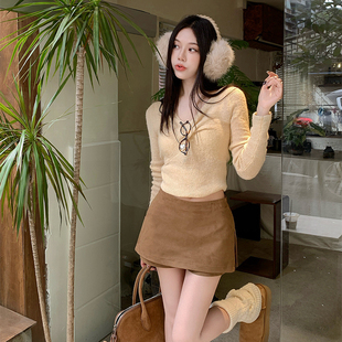 麂皮绒裙裤半身裙女2025秋冬辣妹拉链开叉a字裙低腰显瘦包臀短裙