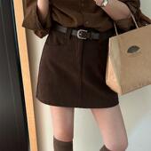 咖啡色灯芯绒半身裙女2025秋新款 百搭a字裙高腰显瘦包臀腰带短裙