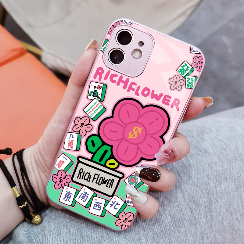 麻将花适用于苹果16发财华为mate60蝴蝶结荣耀80小米13oppo手机壳vivoX90玻璃壳K50好事发生硅胶软壳防摔小新