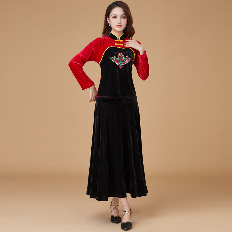 广场舞服装秋冬新款套装金丝绒绣花立领跳舞衣长裙中老年舞蹈服女