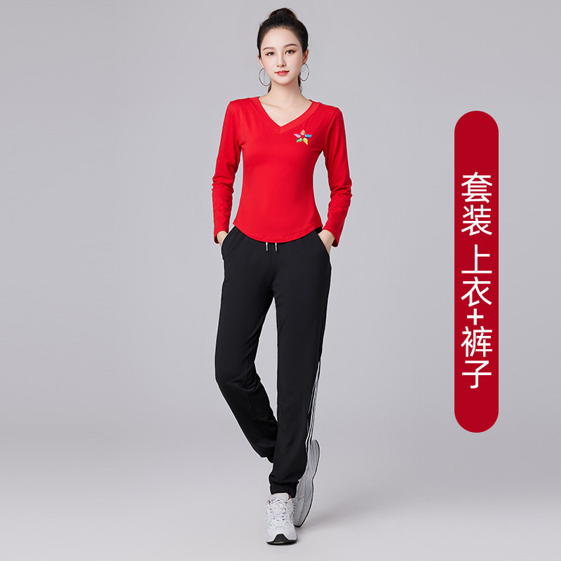 广场舞服装新款纯棉上衣单件春秋红色长袖跳舞衣服秋季健身秋装女