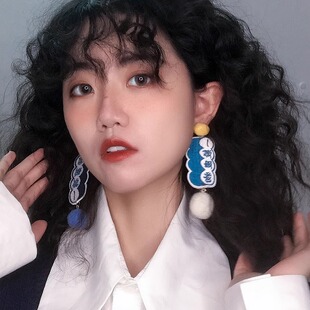 80斤少女原创 搞怪废物长款蓝耳饰 不对称夸张刺绣耳夹个性搞怪女